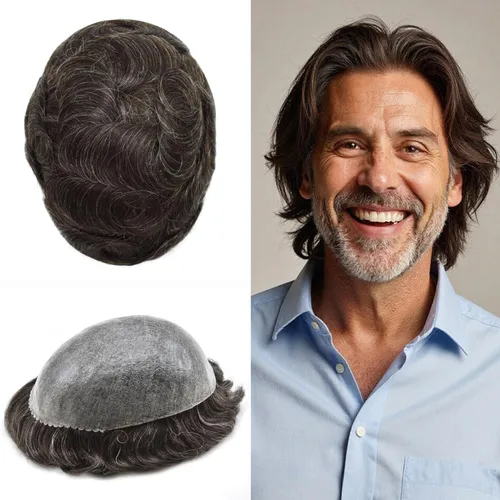 Vista 327 de Toupee para hombre 100% cabello humano real tupé para hombres 0.004 in piel de poliuretano para hombre, sistema de reemplazo de piezas de pelo