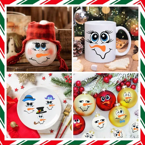 Vista 3 de Calcomanías de cara de muñeco de nieve para manualidades, calcomanías de vinilo de Navidad, calcomanías de caras de muñeco de nieve para adornos