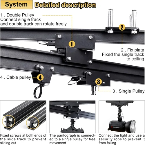 Vista 3 de Kit completo de sistema de riel de techo Pantograph Studio de 59 x 59 pulgadas con lámpara de techo para fotografía de 16.9-78.7 in, soporte