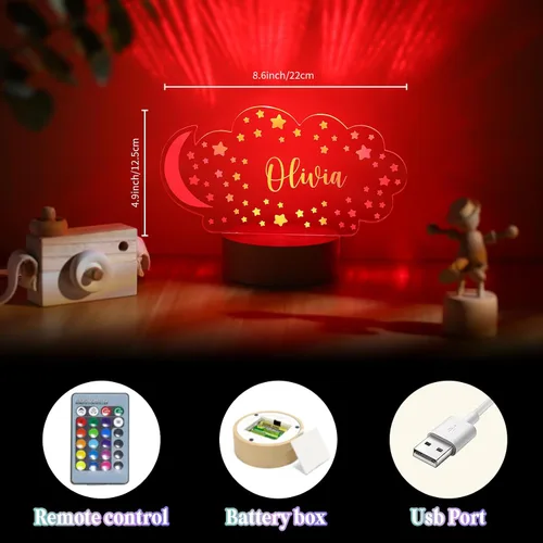 Vista 5 de Luz de noche personalizada con nombre de bebé para niños, niñas, niños, decoración de guardería con estrellas y nubes de acrílico - Incluye control
