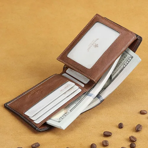 Vista 4 de Billeteras para hombres RFID de cuero genuino delgado plegable cartera, Marrón, Billetera plegable