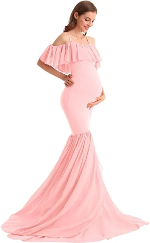 Vista 35 de MYRISAM Vestido de maternidad con volantes y hombros descubiertos para mujer, vestido de fiesta de sirena de gasa, vestido ajustado