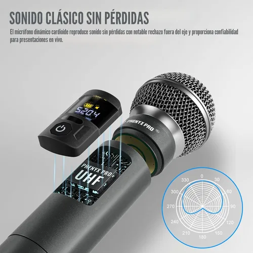 Vista 4 de Phenyx Pro Sistema de micrófono inalámbrico, juego de micrófono inalámbrico de metal con funda, micrófonos dinámicos inalámbricos de mano