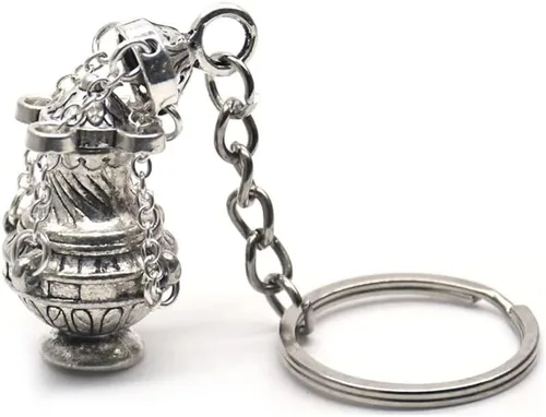 Vista 8 de Surakey Llavero con quemador de incienso de incensario, llavero de fe cristiana en tono plateado, regalo religioso, aleación de zinc, llavero