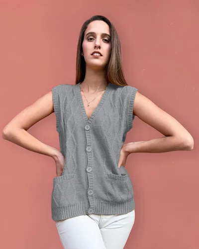 Vista 2 de TINKUY Chaleco peruano de lana de alpaca con cuello en V y rombos para mujer, S-4XL