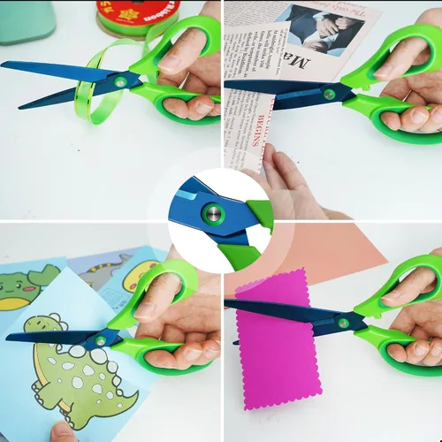 Vista 5 de Tijeras, resistentes chapadas en titanio azul con cuchillas afiladas de acero inoxidable, asas de agarre cómodo, multiusos para la escuela, hogar