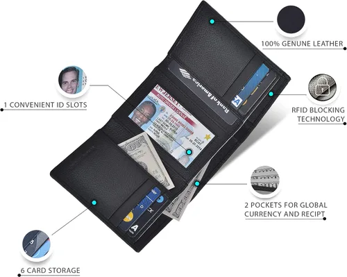 Vista 4 de Carteras RFID delgadas para hombre, billetera triple con bolsillo frontal de cuero genuino, Cartera RFID