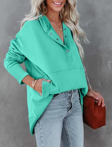 Vista 4 de onlypuff Sudadera con capucha y capucha de gran tamaño para mujer, cuello en V, con botones, ajuste holgado, estilo Henley 2022, moda de otoño