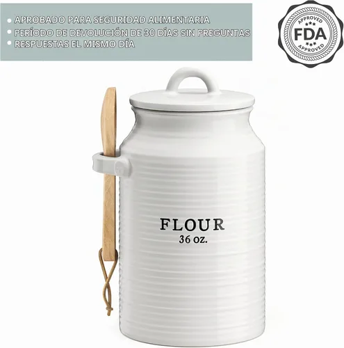 Vista 5 de Barnyard Designs - Tarro de harina decorativo para encimera de cocina, recipiente de cerámica para harina, tarro de granja rústico, blanco