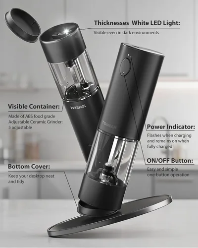 Vista 8 de TOMEEM Juego de molinillo eléctrico recargable de sal y pimienta de mayor Molinillo de pimienta automático de acero inoxidable de 3.7 fl oz con 5