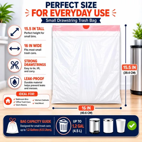 Vista 2 de Bolsas de basura pequeñas con cordón blanco de 1.2 galones (240 bolsas), código A, 4.5 litros, bolsas de basura para baño, bolsas de basura de 1