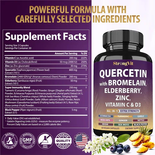 Vista 7 de StrongVit Quercetina con bromelina, saúco, vitamina C, D3 y zinc. Suplemento de apoyo súper inmunológico. Complejo orgánico para hombres y mujeres
