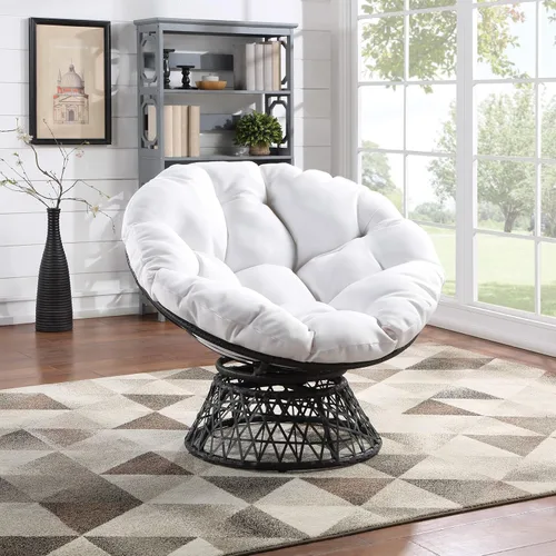 Vista 2 de OSP Home Furnishings – Silla Papasan de mimbre con giro de 360 grados, marco gris con cojín blanco