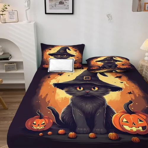Vista 2 de Sábanas de Halloween tamaño individual, sábanas de calabaza de gato negro, juego de sábanas y fundas de almohada de 3 piezas, sábana bajera