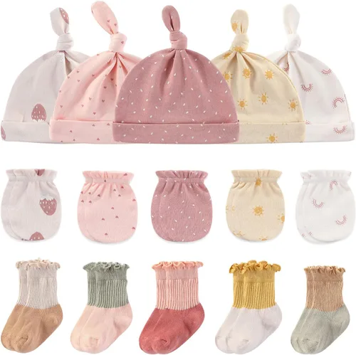 Vista 10 de Ruliby Conjunto de Gorros, Manoplas y Calcetines para Bebé de Algodón, Gorro Beanie Suave para Recién Nacidos, Gorros Guantes para Niñas y Niños 0-6