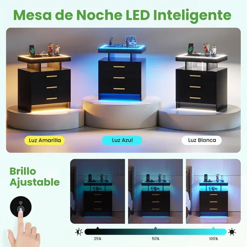 Vista 3 de HNEBC Mesita de noche negra con 3 cajones y estación de carga inalámbrica y negro (91016-1pcs-Black)