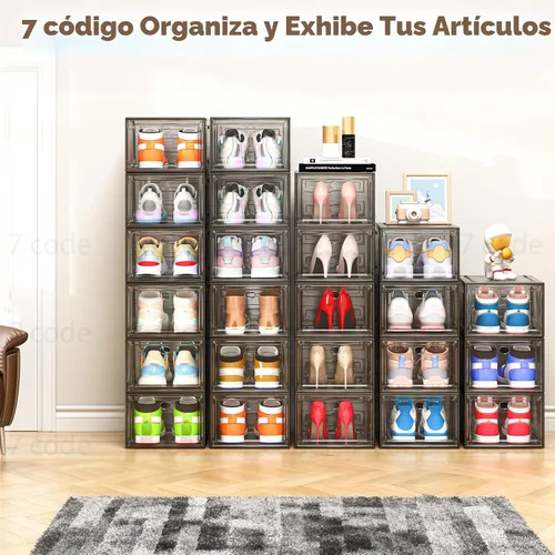 Vista 9 de Organizador de almacenamiento de zapatos de plástico transparente, grueso y resistente c/puerta magnética, cajas apilables, zapatero plegable
