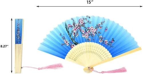 Vista 3 de HUNANBANG 4 abanicos de mano plegables de bambú oriental, regalo de boda, regalos de fiesta, decoración de bricolaje, tamaño 8 14 pulgadas, paquete