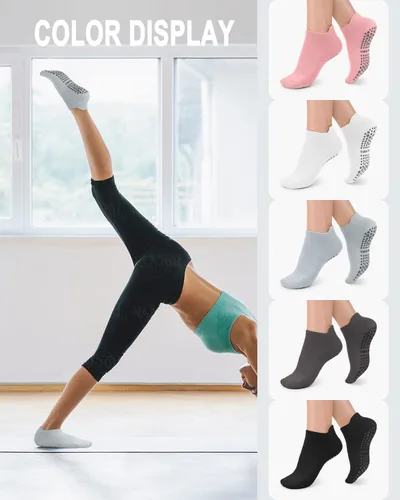 Vista 3 de 5 pares de calcetines de yoga con agarre de pilates para mujer, calcetines atléticos antideslizantes para ballet, danza, entrenamiento, hospital