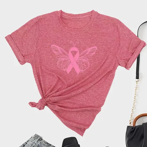 Vista 2 de Breast Cancer Shirts for Women Casual Pink Ribbon Graphic Tee Shirts Casual Loose Short Sleeve Awareness Sweatshirt