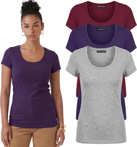 Vista 100 de Emmalise - Camiseta de manga corta para mujer, cuello redondo, estilo básico, pack de valor, tallas junior y grandes