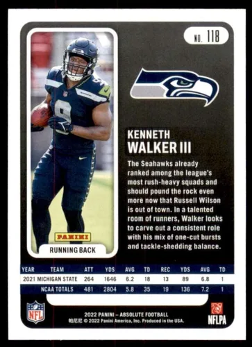 Vista 2 de 2022 Panini Absolute Retail #118 Kenneth Walker III RC Rookie Card Seattle Seahawks Official NFL Football Card in Raw (NM or Better) Condition