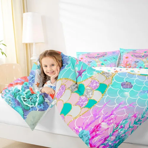 Vista 4 de Erosebridal Juego de edredón tamaño individual para niñas, juegos de ropa de cama de sirena para niñas y niños pequeños, edredón de escamas de peces
