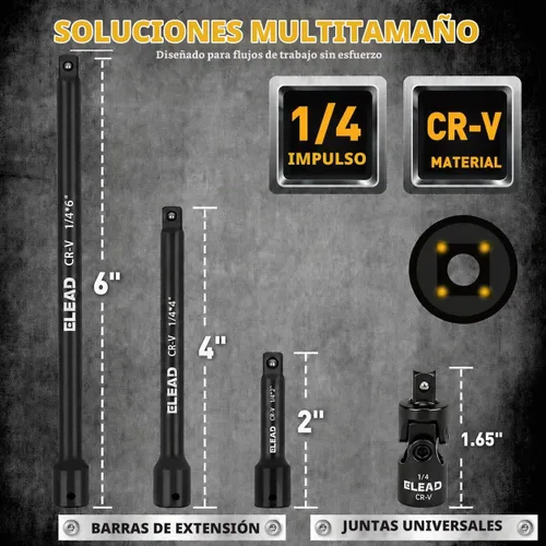 Vista 2 de Juego de 4 barras de extensión para dados de 1/4 de pulgada, 2, 4, 6 pulgadas, juego de extensión profesional, junta universal para dados de 1/4