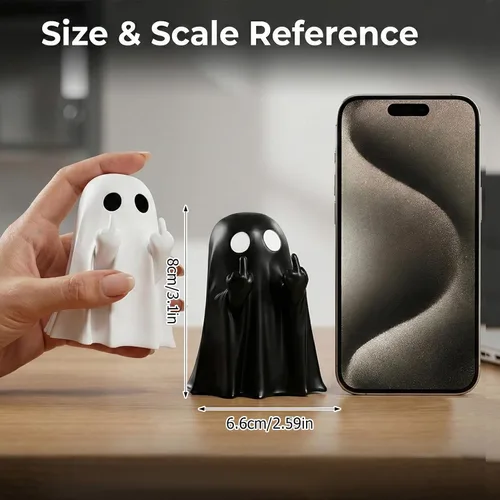 Vista 4 de 2 piezas de decoración de fantasma de Halloween, linda figura de fantasma de dedo, divertida decoración de estatua espeluznante de resina, estante