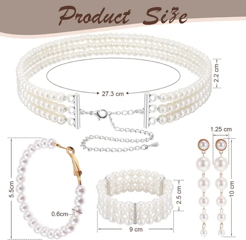 Vista 4 de Conjunto de joyas de perlas para mujer, collar de gargantilla de perlas de imitación de múltiples capas, pulsera elástica de perlas, aretes largos