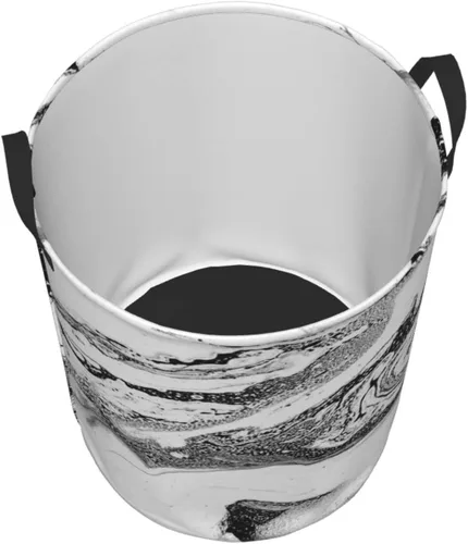 Vista 3 de Cesta de lavandería impresa de mármol blanco y negro con asa duradera, cesta organizadora circular impermeable para cuarto de baño dormitorio
