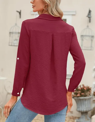 Vista 51 de Odosalii - Camisas con botones para mujer, con cuello en V, manga larga, enrolladas, blusas elegantes y formales para negocios y ocasiones casuales