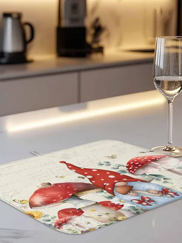 Vista 3 de Tapete de secado de platos de hongos para encimera de cocina, gnomos rojos, tapete de cocina de primavera, almohadilla de secado de microfibra