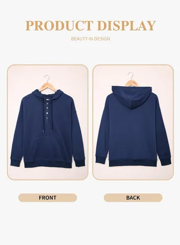Vista 4 de Eytino Sudadera con capucha de talla grande para mujer, manga larga, cuello de botón, con cordón y bolsillos (1X-5X)