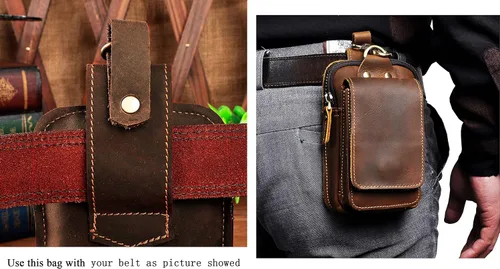 Vista 5 de Le'aokuu Bolso unisex de cuero genuino para hombres y mujeres, con cintura de riñonera y gancho para colgar en la cadera, paquete de 1609, Un marrón