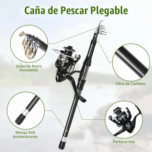 Vista 2 de Combo de carrete de caña de pescar, 2 cañas de pesca telescópicas de 6.89 pies, 2 carretes giratorios, juego de alicates de pesca con bolsa