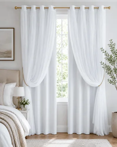 Vista 20 de PONY DANCE Cortinas de Doble Capa - Cortinas Opacas de 63 Pulgadas de Largo, Diseño con Ojales en la Parte Superior, Paneles Transparentes Blancos