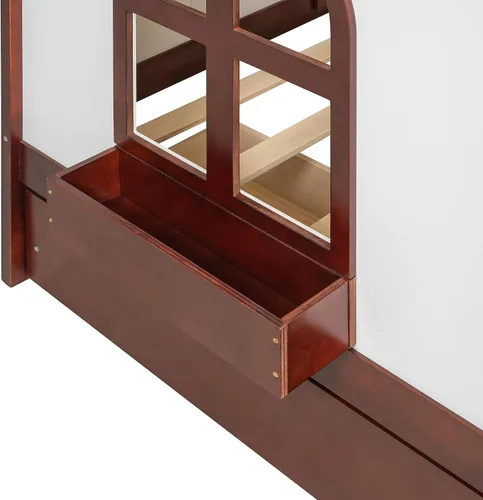 Vista 6 de House Bed Canopy Curtains Full Size, Wood Platform Bed Frame with Storage Drawers Bookshelf Lights Rails Slats Headboard Charging Station 600lbs