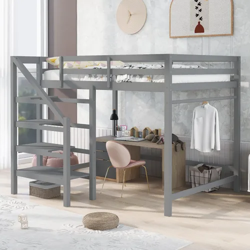 Vista 10 de Cama alta moderna con cajones de almacenamiento y escaleras, cama de madera tamaño individual con estantes y barandillas, para niños, niñas