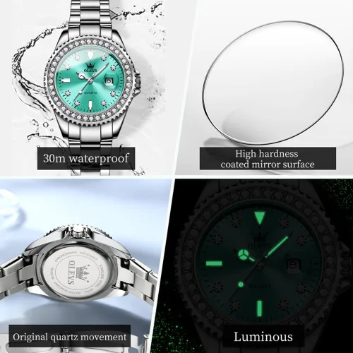Vista 5 de OLEVS Reloj de pulsera de oro para mujer, con diamantes de lujo, de acero inoxidable, impermeable, luminoso, fecha