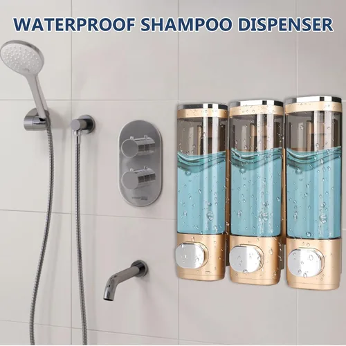 Vista 2 de Dispensador de champú y acondicionador 3 en 1 para montaje en pared, dispensador de champú de 3 cámaras, gran capacidad, sin perforar, dispensador