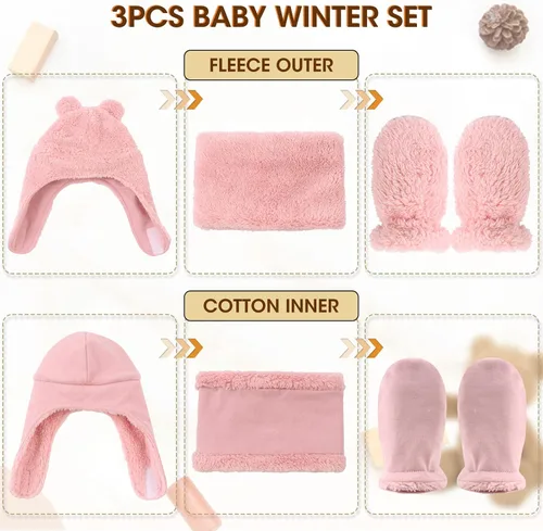 Vista 2 de Conjunto de gorro y manoplas de forro polar para bebé, gorro de invierno para niños pequeños, bufanda cálida con orejas de bebé, bufandas