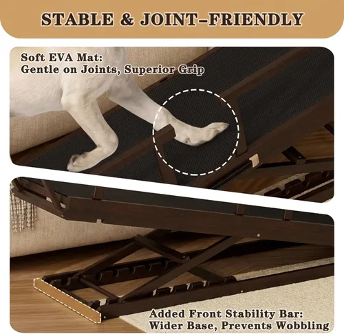 Vista 5 de Rampa para perros para cama, 7 niveles ajustables (13-37 pulgadas), rampa para perros de madera de abedul para cama alta, sofá, plegable de 60 Marrón