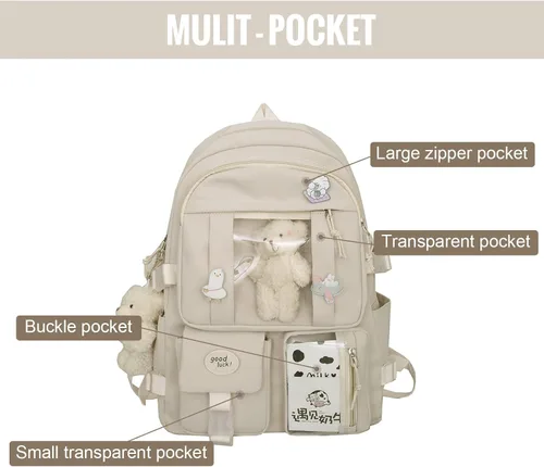 Vista 4 de Linda mochila Kawaii mochila con pin y accesorios, Blanco, Classic