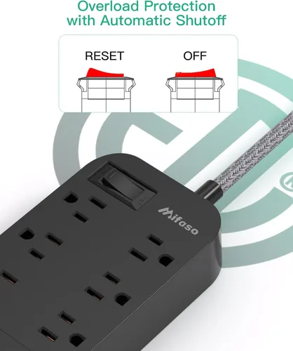 Vista 6 de Regleta de alimentación - Cable de extensión de enchufe plano de 10 pies de largo, 6 tomas, 4 puertos USB (2 USB C), extensor de toma, montaje