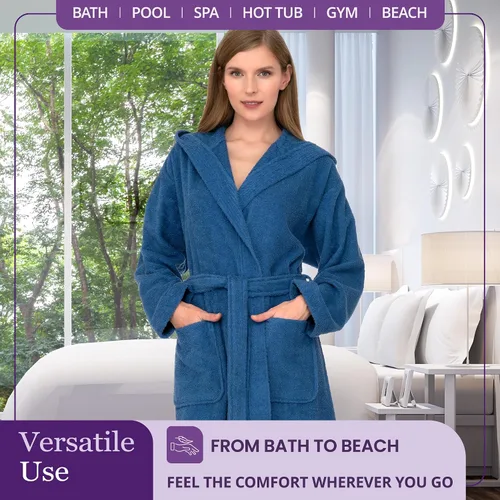 Vista 4 de TowelSelections Bata con capucha para mujer de algodón suave, bata de baño de toalla de tela de felpa para mujer, batas de baño para la ducha Azul
