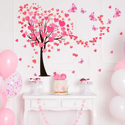 Vista 4 de Calcomanía de pared de árbol de corazón rojo para el día de San Valentín, 48.4 x 33.8 pulgadas, calcomanías de corazón para decoración de fiesta