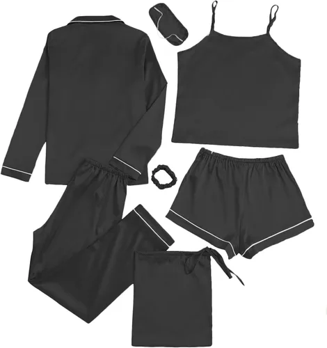Vista 2 de LYANER Conjunto de pijama para mujer, 7 piezas, satén de seda, ropa de dormir, camisola y camisa