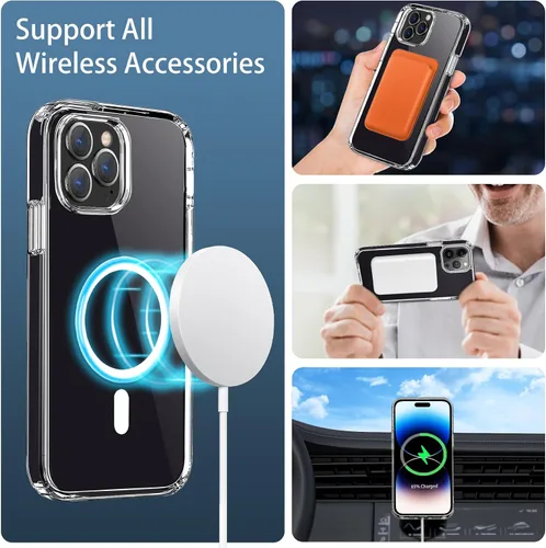 Vista 5 de Funda magnética compatible con iPhone 14 Pro Max, compatible con carga inalámbrica MagSafe, parte trasera transparente antiarañazos, a prueba
