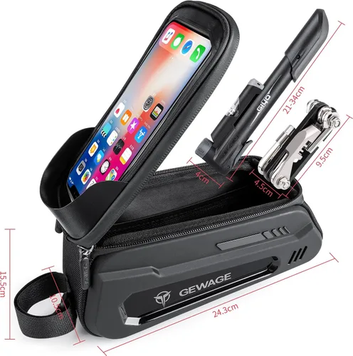 Vista 7 de GEWAGE Bolsa de montaje para teléfono de bicicleta y bomba de neumáticos de bicicleta, multiherramienta para bicicleta con palanca de neumáticos